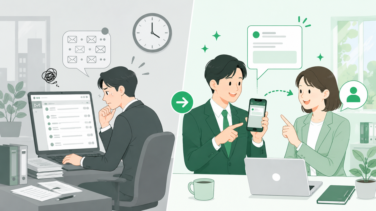 導入前はメール確認に時間がかかり、導入後はスマホ通知で早く内容を確認できる比較イメージ