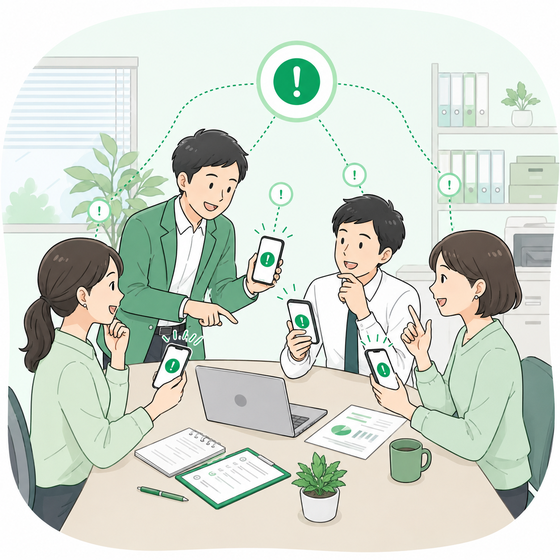 チームで通知を共有して次の対応へつなげるイメージ